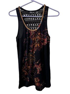 Miss Me Womens Black Crochet Back Tank Top With Beaded Neckline Large
